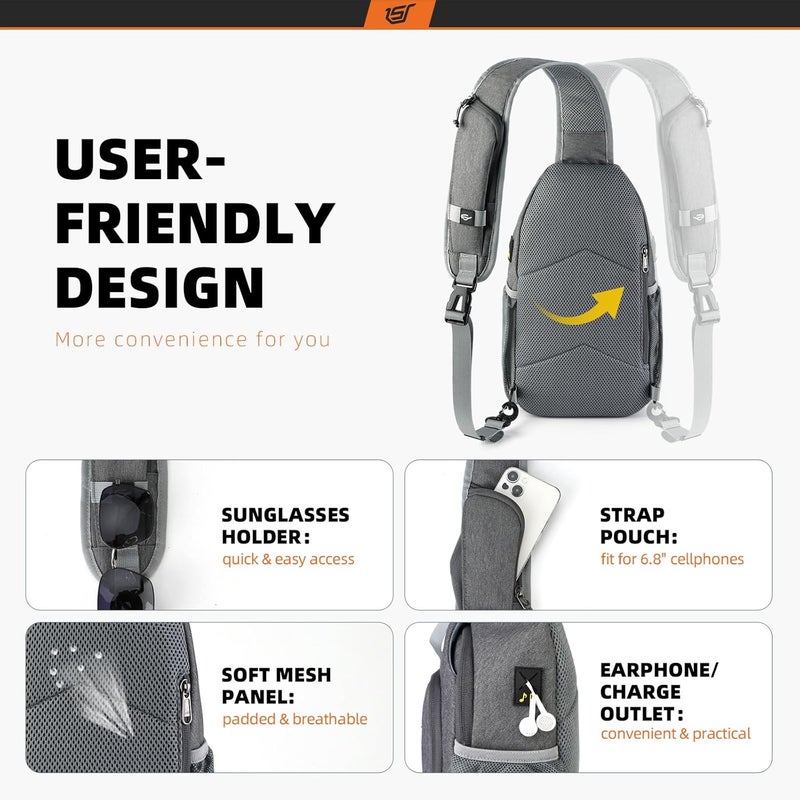 SKYSPER Sling Bag RFID Crossbody Sling Backpack Cross Body Shoulder Bag Travel Hiking Daypack for Women Men(Darkgrey) - Image 4